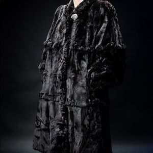 Zuki Real Black Mink Fur Coat with Brooch Accent